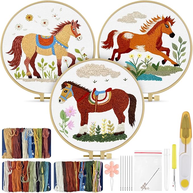TINDTOP Embroidery Kit for Adult, 3 Pack Embroidery DIY Starter Kit, with Stamped Patterns, Hoop, Tools, Colorful Threads with Needles, Instructions