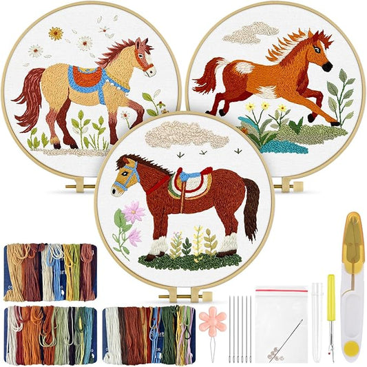 TINDTOP Embroidery Kit for Adult, 3 Pack Embroidery DIY Starter Kit, with Stamped Patterns, Hoop, Tools, Colorful Threads with Needles, Instructions