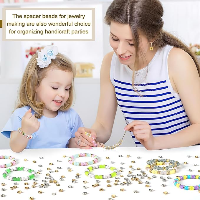 Augshy 700Pcs Rondelle Spacer Beads,8 mm Silver and Gold Rhinestone Spacer Beads for Jewelry Bracelet Making Birthday Party Necklace Friendship Bracelets Hair Beads Crafts