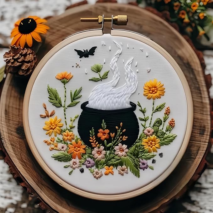 Floral Witch Hat Embroidery Kit Halloween Cross Stitch Material Set with Bat Skull Flower Pumpkin Patterns, DIY Hand Needlepoint Embroidery Craft Kit for Beginners Professional (Floral Cauldron B)