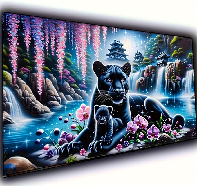 KUFWKEY Panther Diamond Art Kits for Adults,Waterfall Landscape Leopard 5D Diamond Painting Kits,Fantasy Animal Full Round Diamond Dots Kits,DIY Mosaic Craft for Home Decor 27.5x15.7inch