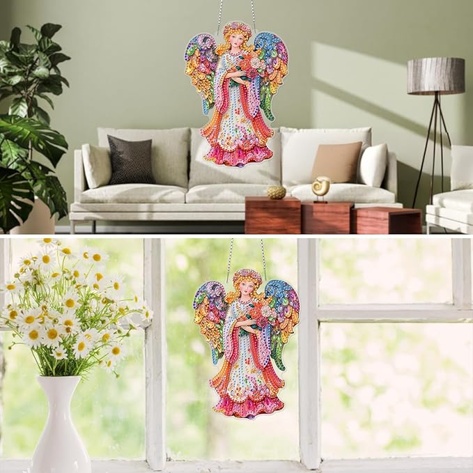 MXJSUA Pink Floral Angel Diamond Art Hanging Kits for Adults Beginners, Acrylic 5D Special Shaped Crystal Diamond Gem Art Painting Hanging Ornament for Home Wall Decor and Gift