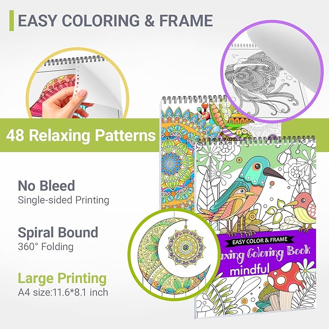 Adult Coloring Book for Women Relaxation, Spiral Bound Mindfulness Coloring Book with 36 Colors Markers for Adult, Anxiety Relief Gifts with 48 Pictures (Mandala & Animal Flowers)