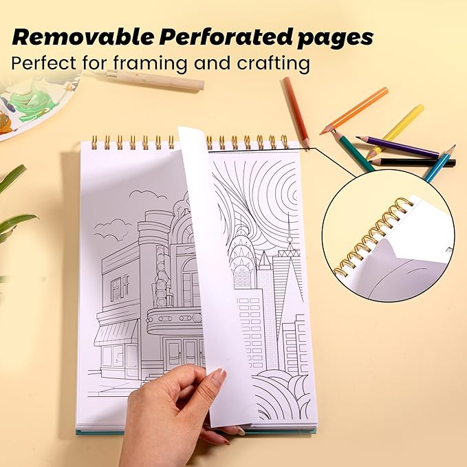 Architecture Coloring Book for Adults 41 Unique Single Sided Patterns and 9 Blank Pages with 12 Colored Pencils Set 130GSM Thick Paper Stress Relief & Mindfulness Gift for Women Men, 8.5 X 11in