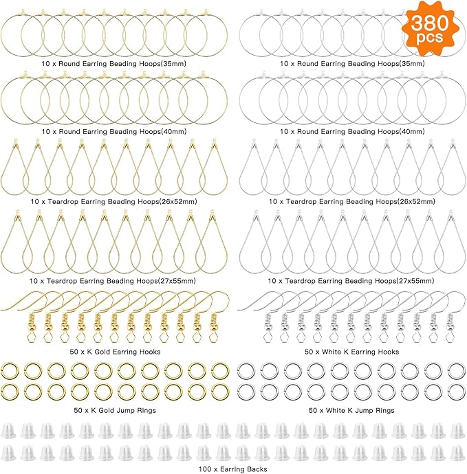 380pcs hypoallergenic earring making kit, jewelry making earrings supplies with teardrop round beading hoop,earring hooks,jump rings,earring backs for diy earring craft(2 colors, 2 sizes)