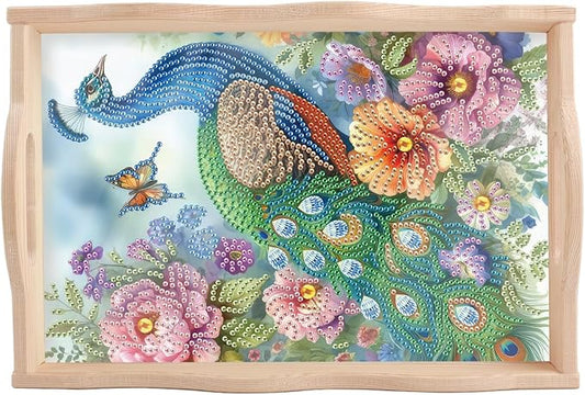 DIY Diamond Art Tray with Handle Diamond Art Painting Plate Creative Design Handmade Wooden Tray Mosaic Making Kits by Number Kits Diamond Art for Coffee Living Room Home Organizer (Peacock)