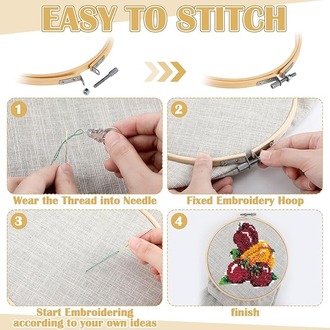 Mudder 53 Pieces Cross Stitch Tool Embroidery Starter Kit Includes Bamboo Circle Cross Stitch Hoop Ring Sewing Scissors Needle Threading Tools Thimbles Floss Bobbins Seam Ripper and Embroidery (Red)