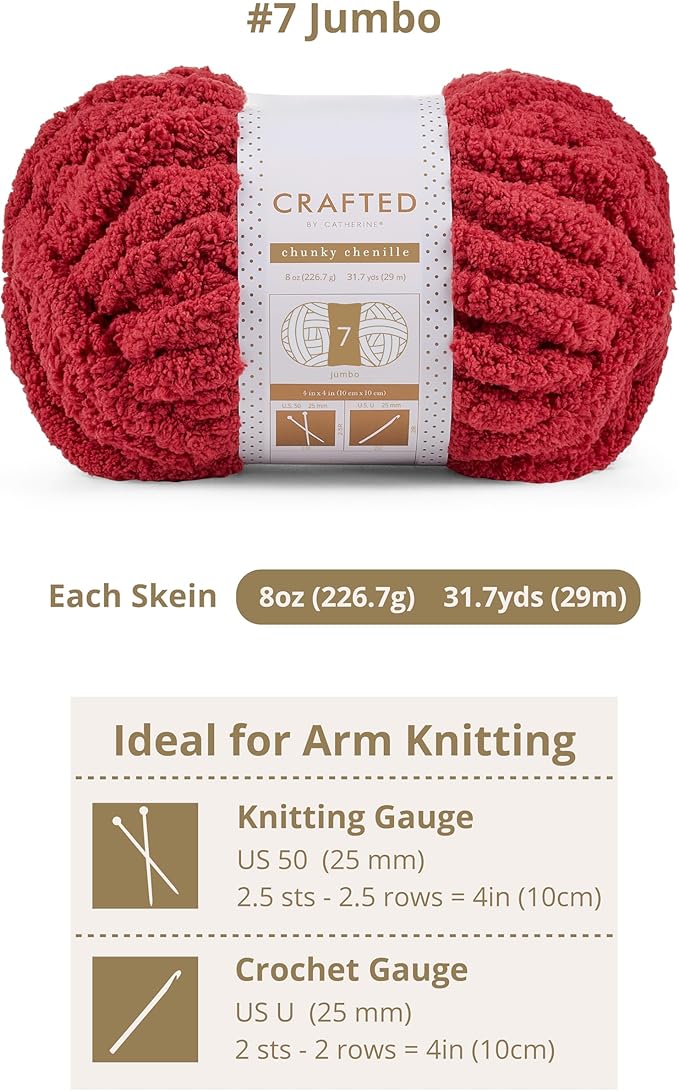 Crafted By Catherine Chunky Chenille Yarn - 8 Pack (8 oz / 227 g, 31.7 Yards Each Skein), Dark Red, Gauge 7 Jumbo