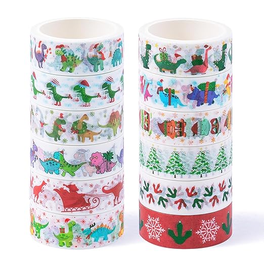 Christmas Dinosaur Washi Tape - 12 Rolls Dinosaur Footprints Christmas Trees Designs, Free Adhesive for Gift Wrapping, Scrapbook, Photo Albums, Journal Decor & DIY Projects