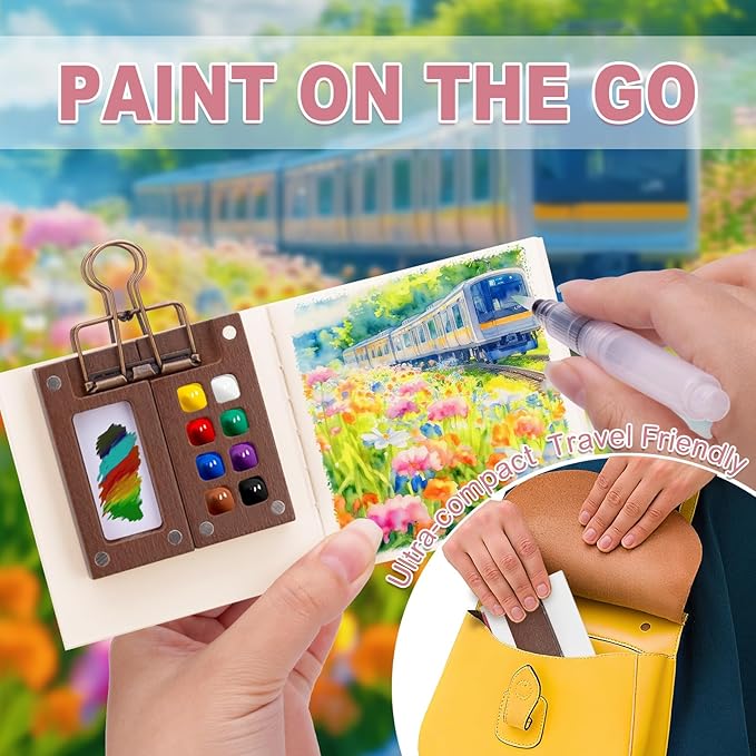 Mini Watercolor Paint Set, Mini Paint Palette Travel Kit, Pocket Artist Watercolor Travel Set Colors, Sketchbook, Brush, Metal Clip, for Beginners, Artists, Enthusiasts (8 Grids, 12 Colors)