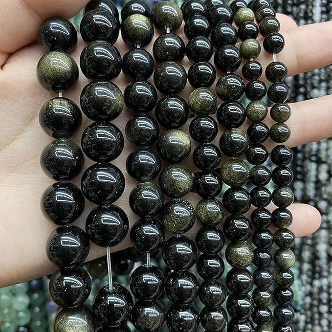 AAA Natural Gold Obsidian Gemstone Beads Energy Healing Power Stones Round Loose Beads for Jewelry Making, DIY Bracelet Necklace 8mm 46pcs
