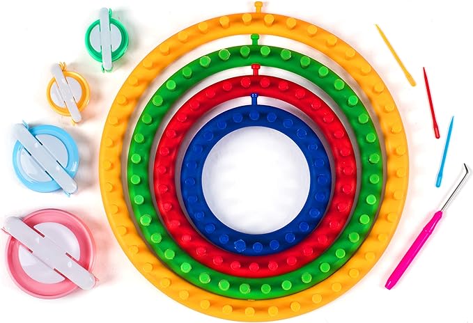 Mira HandCrafts Complete Round Knitting Loom Kit - 4 Knitting Circle Looms, 4 Pompom Makers, 3 Plastic Needles, 1 Soft Grip Pick - Crochet Craft Kit for Beginners - Crochet Hat Maker
