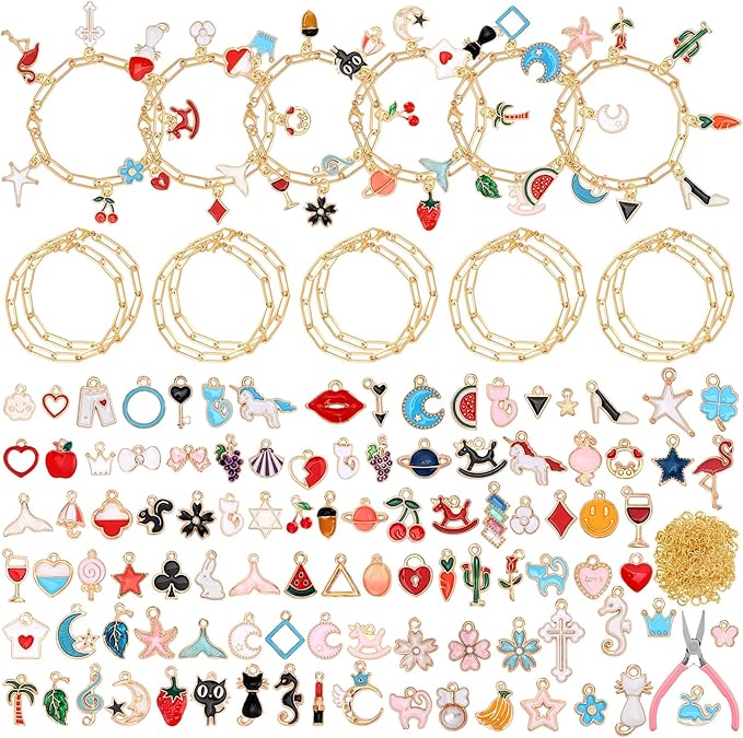 Tondiamo 173 Pieces Charm Bracelet Making Kit for Women DIY Gold Chain Bracelet Jewelry Making Kit for Adult 100 Assorted Charms Pendants 60 Jump Rings Pliers Tools for Crafts Beginner Supplies Gift