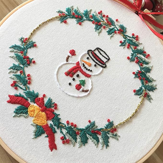 Embroidery Kit Snowman Christmas Ornaments Leaves Wreath Flowers Awesocrafts Full Range of Embroidery Starter Kits for Beginners Adults DIY Handmade Easy Patterns (Snowman)