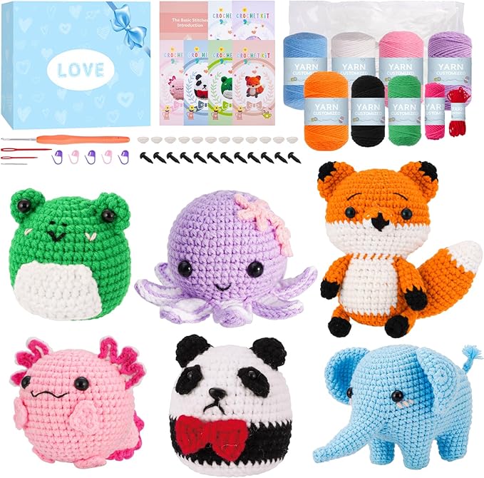 Gerute Crochet Kit for Beginners Adults Kids, Learn to Crochet with Step-by-Step Video Tutorials & Illustrated Guide, 40% More Yarn for 6 DIY Amigurumi Animal Projects, Complete Starter Supplies