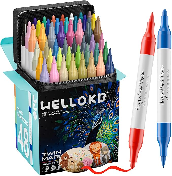 48 Colors Dual Tip Acrylic Paint Markers, Fabric Markers, Brush Tip Permanent Acrylic Paint Pens for Wood, Glass, Rocks, Paper, Coloring book,Ceramic,DIY Crafts for Adults, and Art School Supplies