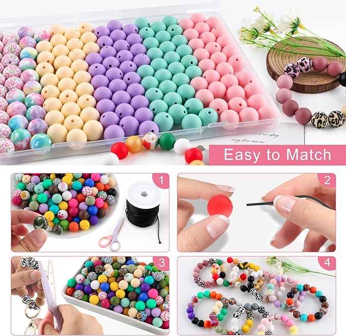 150Pcs Mixed Color 15mm Silicone Beads for Keychain Making, Mixed Color Print Print Silicone Beads for Pens and Bracelet Jewelry Making