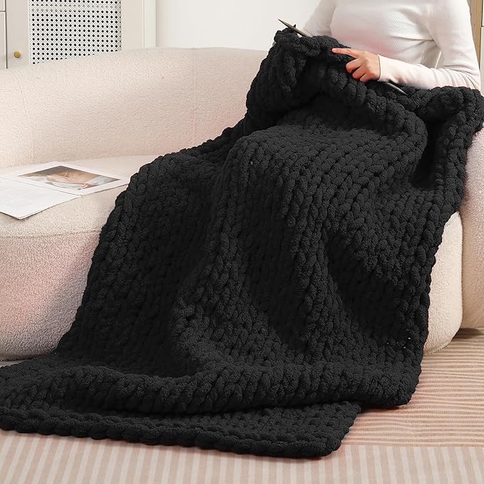 Chunky Chenille Yarn for Hand Knitting 8 Jumbo Pack Jumbo Chunky Yarn for Hand Soft Blanket Knitting, Bulky Thick Fluffy Yarn for Crocheting (Black)