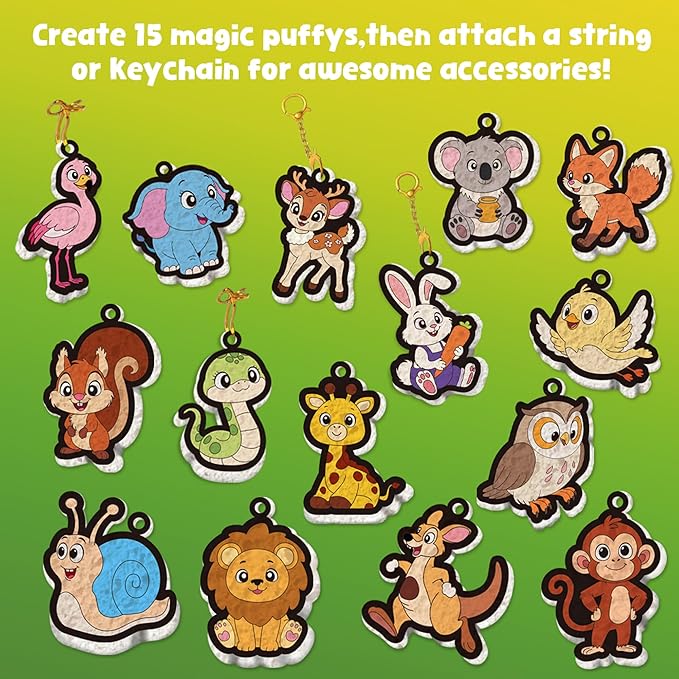 3D Art Kit Aqua Magic Puffs Animals, 15 Mess-Free Paint by Number Craft for Kids, DIY Coloring Kits,Christmas&Travel Gifts & Stocking Stuffer for Girls and Boys, Art Projects with Puff Markers