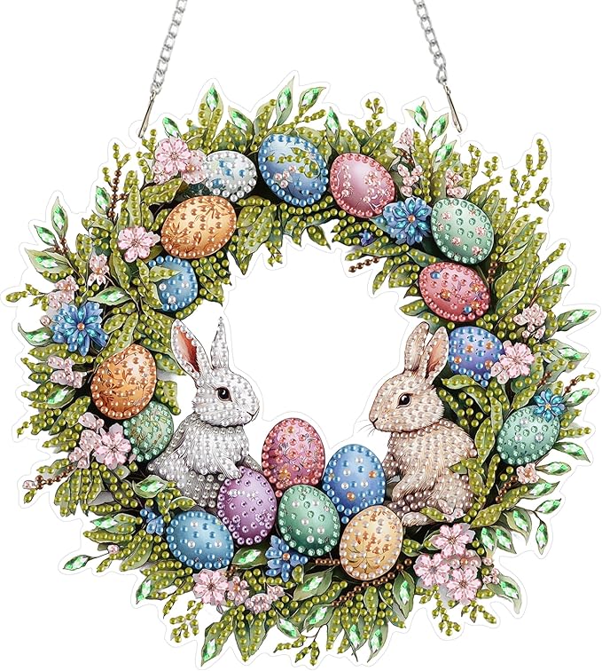 Eiflow DIY Hanging Diamond Art Kit Easter Wreath, Acrylic Diamonds Painting Pendant Board Kit Wreath, 5D Gem Art Ornament Kit for Adults, Egg and Rabbit