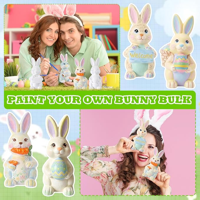 Zubebe 4 Pcs Easter Ceramics to Paint Bunny Kits Ready to Paint Your Own Easter Bunny Figurines 5.1 Inch 3D Unpainted Blank Ceramics with Brush and Palette Rabbit Statues for Craft (Cute Style)