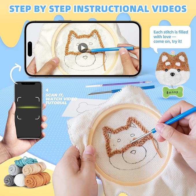 MOREJMTT Punch Needle kit-4 Embroidery kit for Beginners,Punch Needle Kits Adults Beginner,Needles, Curved Scissors, a Tool Storage Box, Easy-to-Follow Instructions, and Tutorial Videos-（4 Dog ）