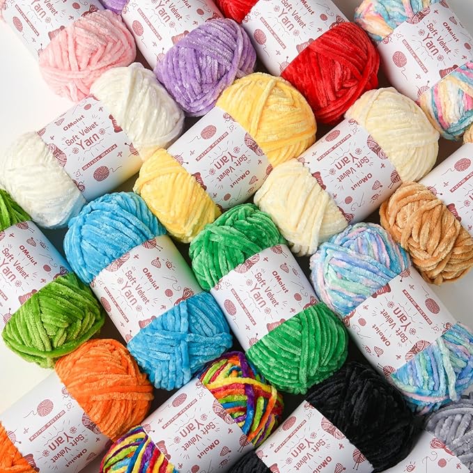 12 Pack Chenille Chunky Yarn - Baby Yarn for Crocheting Soft - Red Orange Green Blue Purple Black White Velvet Yarns Crochet Blanket - Amigurumi Yarns Pack with Crochet Accessories D