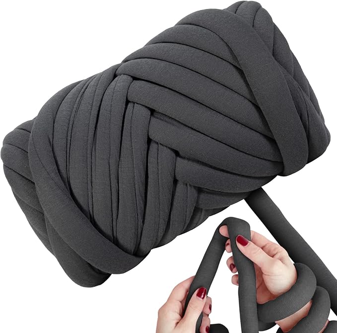 Light Weight Ultra Soft 2.2 LBS (1 kg) Chunky Yarn for Hand Knitting, Lush Polyester Fabric Tube Yarn to Make Handbags, Pillows, Blankets, Crafts (Dark Grey)