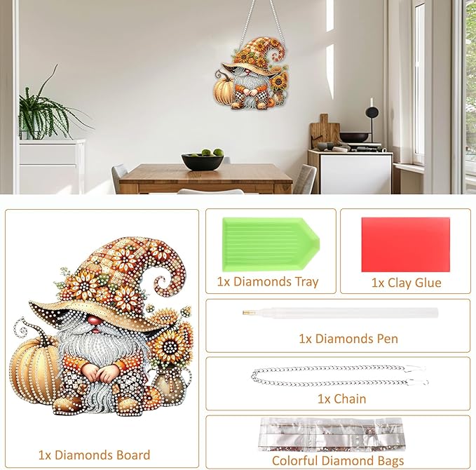 SENQAO Fall Pumpkin Gnome Diamond Art Hanging Kits for Adults Beginners, DIY Acrylic 5D Special Shaped Crystal Diamond Gem Art Painting Hanging Ornament for Home Wall Decor and Gift