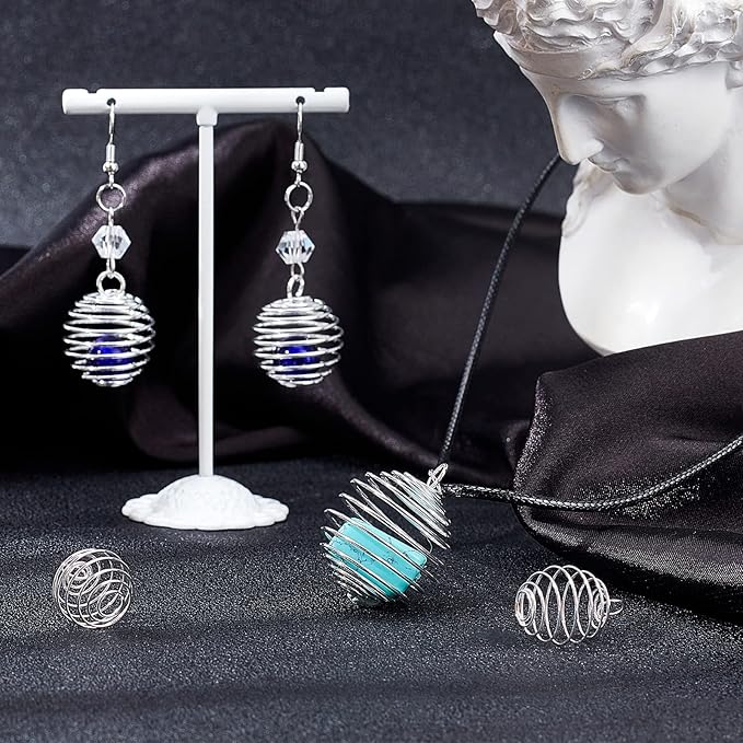 PH PandaHall Iron Crystal Holder Necklace Kit, 24pcs 3 Sizes Spiral Stone Tumbled Rock Bead Cage with 24pcs 17" Waxed Cotton Necklace Cord 50pcs Jump Rings for Lucky Charms,14/20/25mm