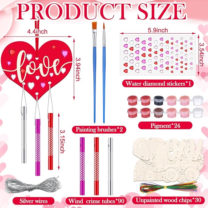 JellyArch 30 Pack Valentine's Day Crafts for Adults, Heart Wind Chime Making Kit Make Your Own Wind Chime Wooden Ornaments for DIY Crafts Activity Birthday Decoration