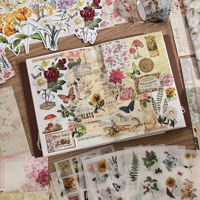 Vintage Botanical Scrapbooking Supplies Kit, Aesthetic Flower Scrapbook Kit for Bullet Junk Journal, 12 Rolls Washi Tape, Stickers Papers for DIY Journaling Supplies, Craft Gift for Girl Women