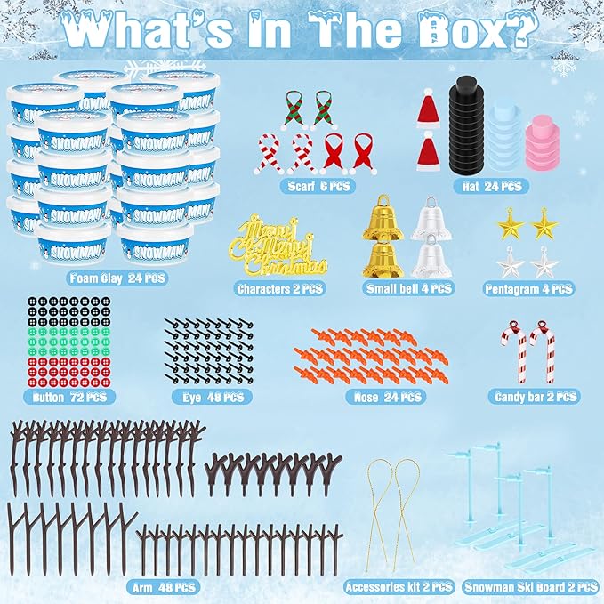 24 Pack Build a Snowman Kit, Christmas DIY Snowman Crafts for Kids Bulk, Snowman Kit Winter Decorations Indoor, Creative Kids Air Dry Clay Modeling Crafts Kit for Christmas Gifts Favor Supplies