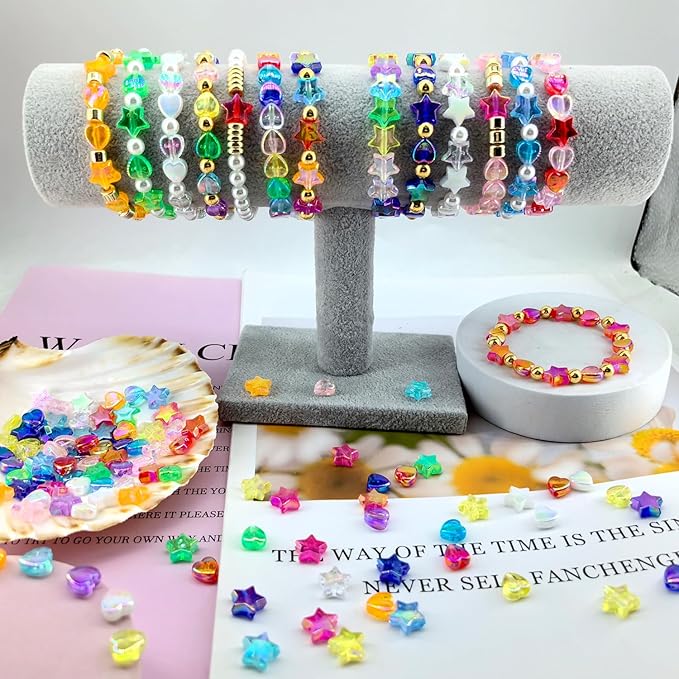 840 PCS Acrylic Beads Heart Star Shape Beads for Jewelry Making, Clear Acrylic AB Colors Bead Assortments Colorful Charming Beads Loose Beads Spacer for DIY Necklace Bracelet Jewelry Craft Making