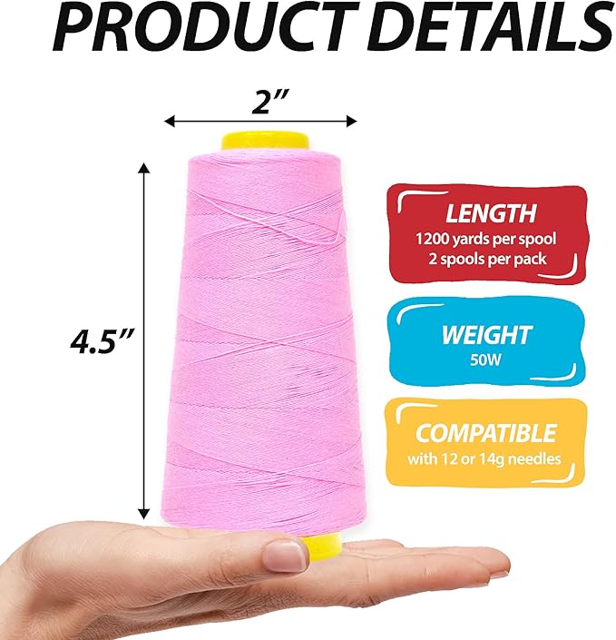 Mandala Crafts Pink Thread Cones for Machine and Hand Quilting - 2400 Yds 50 WT Multiple Purpose Mercerized 100% Cotton Threads for Sewing Machine Serger Embroidery