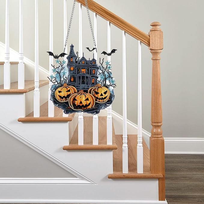 Pavemlo Hanging Diamond Art Kits for Adults Halloween Pumpkin – 8x8Inch Double-Sided Acrylic Board DIY Crystal Diamond Suncatcher Pendant, Sparkling Home Wall or Window Decoration Handmade Gift