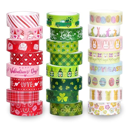 Whaline 24 Rolls Holiday Washi Tape Set St. Patrick's Day Shamrock Easter Egg Masking Tape 15mm Green Clover Happy Easter Valentines Decorative Paper Stickers for Scrapbook DIY Craft, 16.4 Ft