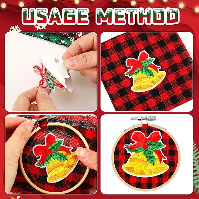 FEBSNOW 12 Pieces Christmas Embroidery Ornament Kit, Including 3 Inch Embroidery Hoops, Self Adhesive Christmas Patches and 5 Inch Squares Plaid Fabric for DIY Holiday Xmas Party Decoration