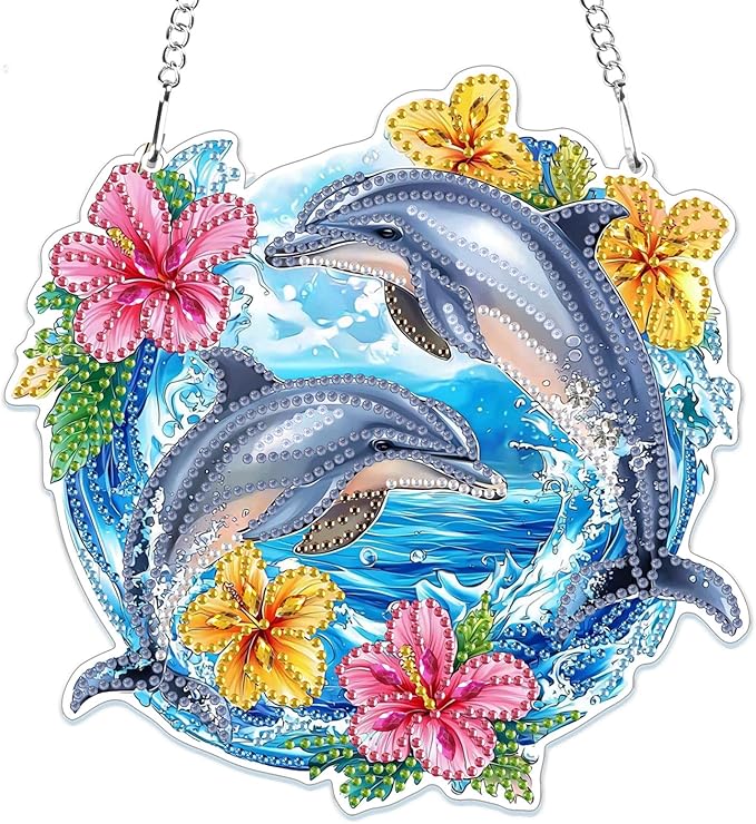 MOGTAA Dolphin Diamond Art Hanging Pendant Kits, 5D Special Shape Diamond Art Kits for Adults, Crystal Rhinestones Flowers Diamond Painting Gem Art for Home Garden Wall Decor