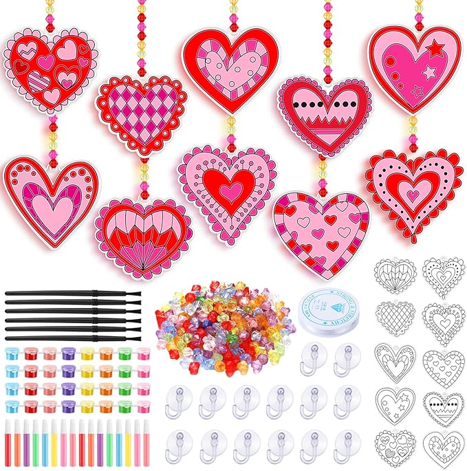 Sonwyoung 30 Sets Valentine's Day Suncatchers Craft Kits, DIY Heart Glow in The Dark Suncatcher Kits Stained Glass Window Paint Art for Valentines Activities Art and Craft Party Favors