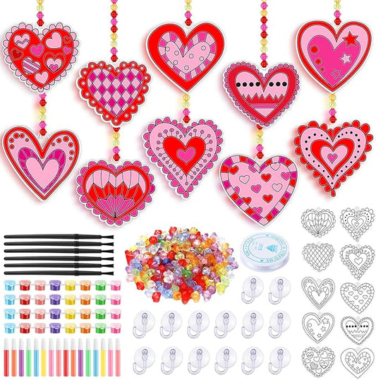 Sonwyoung 30 Sets Valentine's Day Suncatchers Craft Kits, DIY Heart Glow in The Dark Suncatcher Kits Stained Glass Window Paint Art for Valentines Activities Art and Craft Party Favors