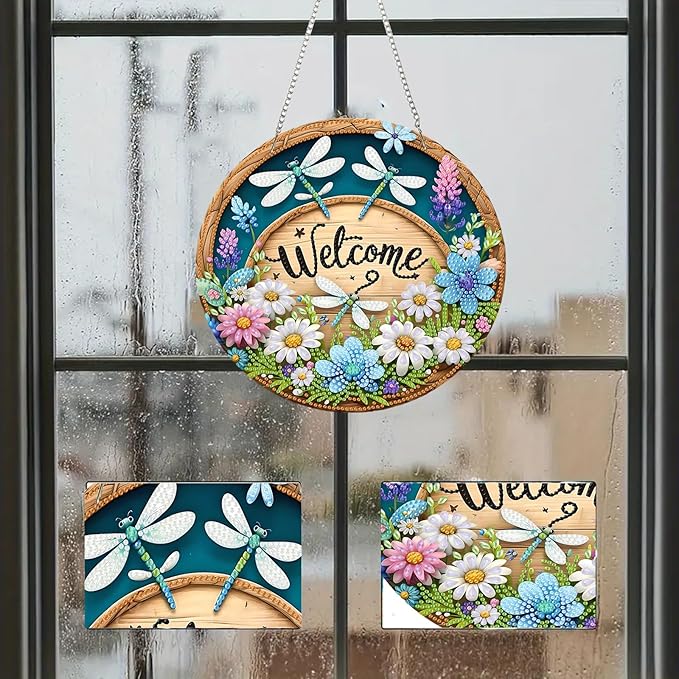 Diamond Art Kits for Adult Welcome Design Special Shape Acrylic Hanging Pendant Crystal Mosaic Home Wall Door Window Decor with Chain Handmade Gift