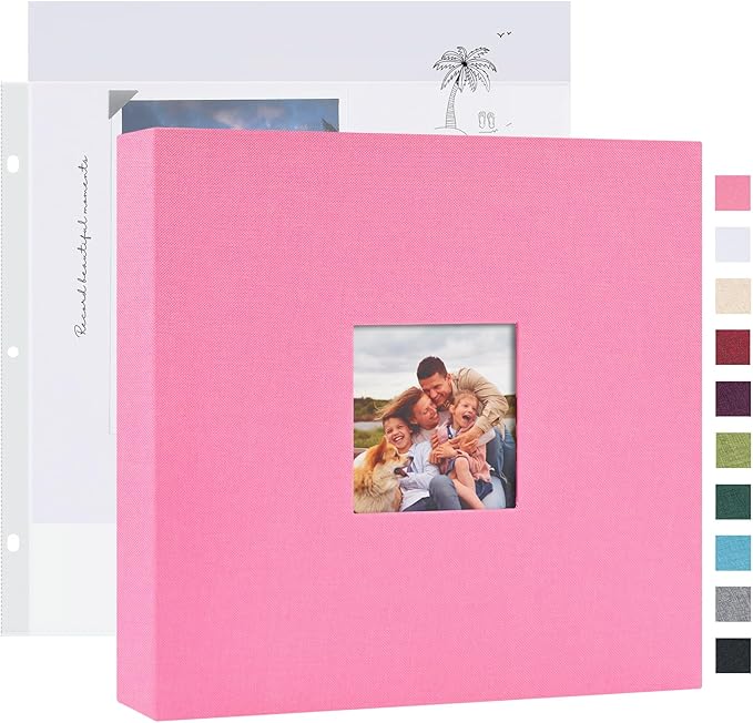 Mublalbum 8x8 Inch DIY Scrapbook Photo Album with 20 Plastic Sleeves 40 Pages Linen Cover 3 Ring Folder Binder for Wedding Baby Family and DIY Projects (Pink)