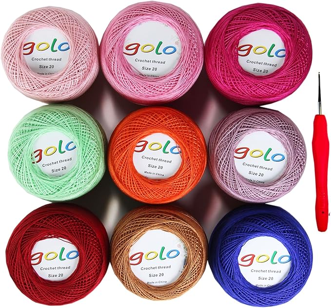 golo 9 Balls Crochet Thread Size 20 Embroidery Thread 10g X 9 Crochet Yarn for Hand Knitting 20-9-1