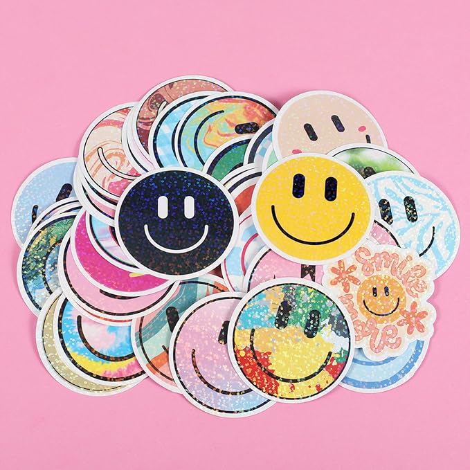 wercokt 50pcs smiling glitter stickers, cute water bottle stickers for kids, for teaching rewards, notebooks, stationery, luggage, cartoon pvc happy sticker