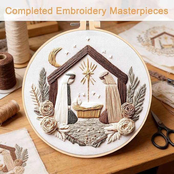 REEWISLY 4set Christmas Embroidery Kit for Adults Beginners, 4 Nativity Patterns with 2 Hoops, Cross Stitch Kits for Beginners, Embroidery Starter Kit with Floss & Needles