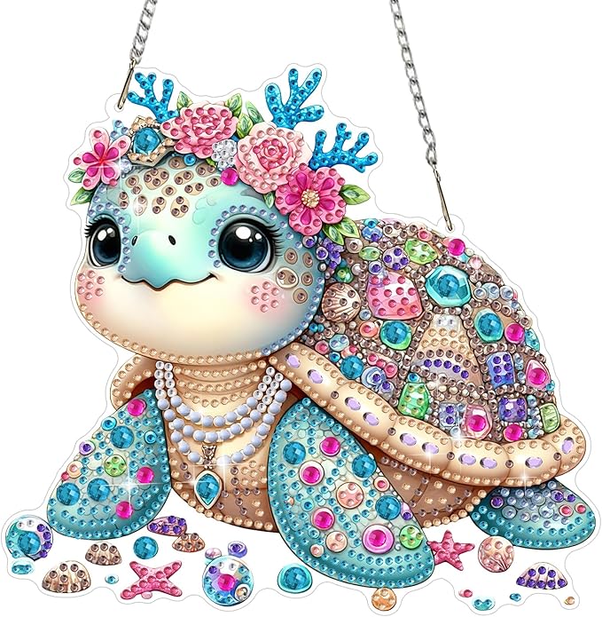 MEIYUDA Turtle Diamond Art Hanging Kits for Adult, Sea Turtle Diamond Painting Hanging Kits Ornaments, DIY Special Shaped Rhinestone Window Pendants Kit for Home Garden Wall Decor Gift
