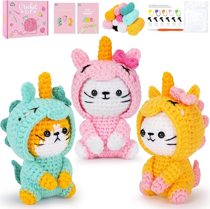 Crochet Kit for Beginners - 3 PCS Unicorn Cat Crochet Kits with Step-by-Step Video Tutorials, Beginner Crochet Kit for Adults, Crochet Animal Kit for Starters, Cat Dressed as Unicorn Set