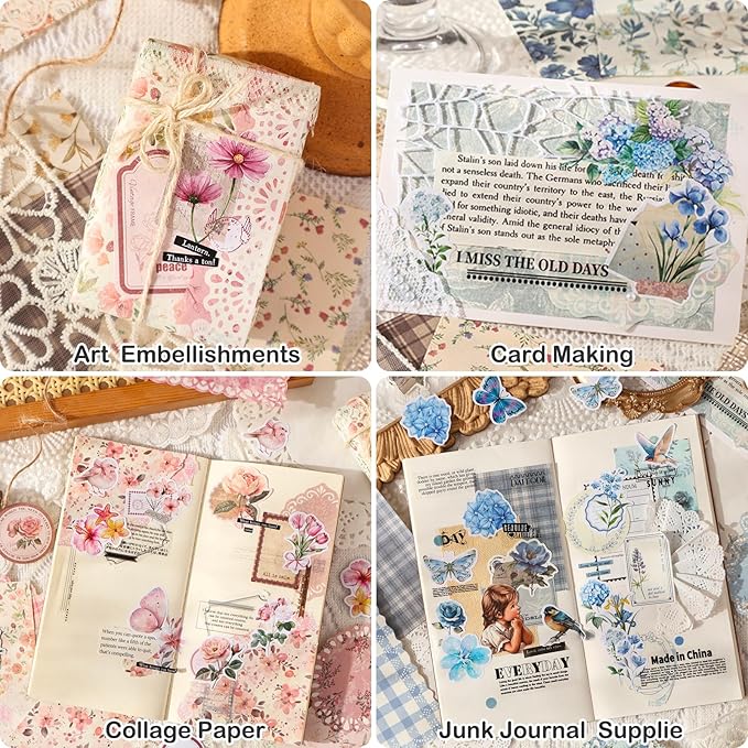 400 Pcs Floral Scrapbook Paper & Stickers, 4 Packs Scrapbook Supplies Kit, Junk Journal Scrapbooking Paper for Journaling, Scrapbooking Embellishments, Planner, Card Making