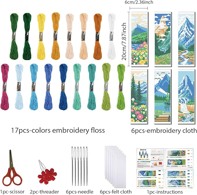 FREEBLOSS 6 Set Cross Stitch Bookmarks Kit Mountains&Rivers Stamped Cross Stitch Kit DIY Embroidery Bookmark Set with Instruction for Adults Beginners Gift for Reading Enthusiasts 8 * 2.4inch 11CT